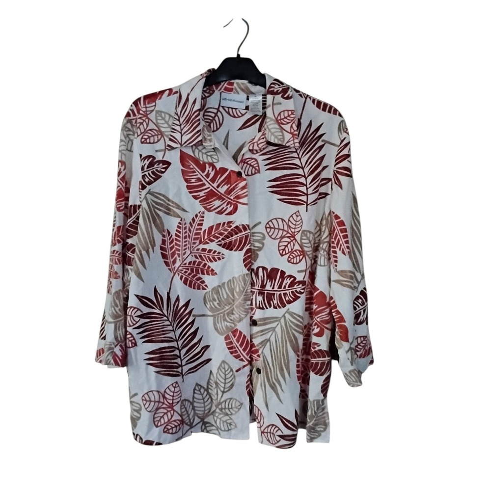 Alfred Dunner Womens 16 Tropical Leaf Print Linen Blend Button Down Shirt Red